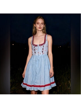 Alpenfee Blue Floral Dirndl Dress EU 34 XS Bavarian Oktoberfest Lace Up Cottage